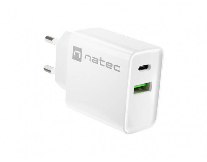 Адаптер Natec USB Charger Ribera 1X USB-A + 1X USB-C 20W, White Адаптер Natec USB Charger Ribera 1X USB-A + 1X USB-C 20W, White