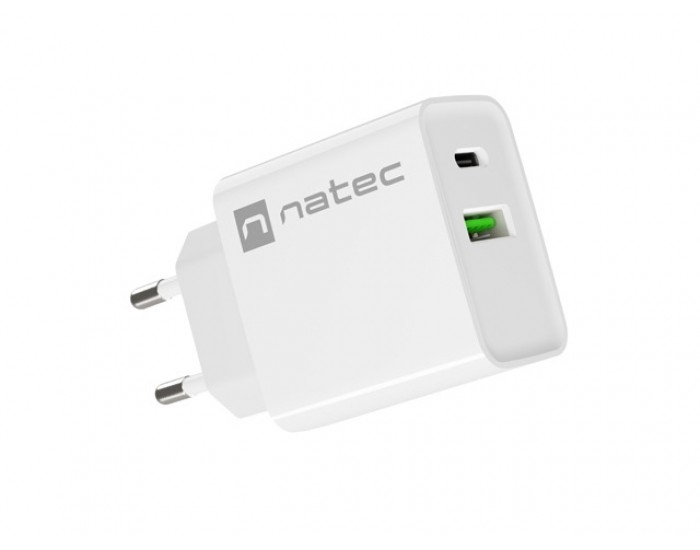 Адаптер Natec USB Charger Ribera 1X USB-A + 1X USB-C 20W, White Адаптер Natec USB Charger Ribera 1X USB-A + 1X USB-C 20W, White