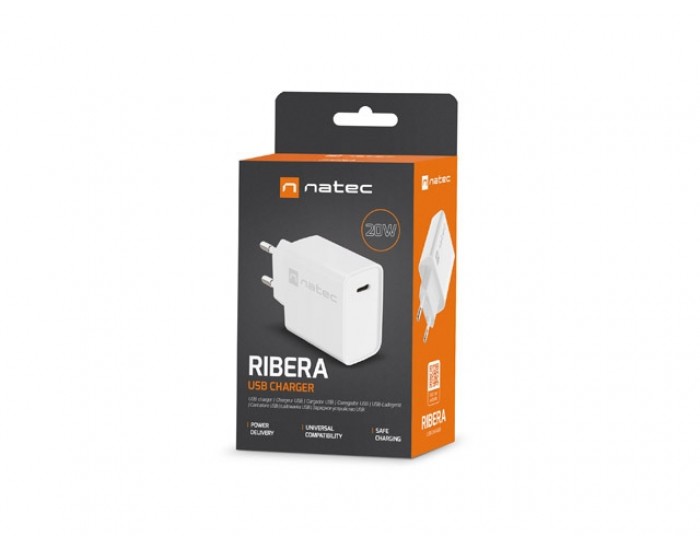 Адаптер Natec USB Charger Ribera 1X USB-C 20W, White Адаптер Natec USB Charger Ribera 1X USB-C 20W, White