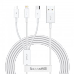 Кабел Baseus Superior 3 в 1 USB-А към Lightning, microUSB и USB-C, 1.5м, бял - Разклонители, Зарядни и Кабели
