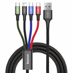 Кабел Baseus 4 в 1 USB-A към microUSB/Lightning/2xUSB Type-C, 3.5A, 1.2м, черен CA1T4-B01 - Офис
