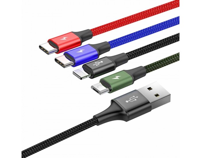 Кабел Baseus 4 в 1 USB-A към microUSB/Lightning/2xUSB Type-C, 3.5A, 1.2м, черен CA1T4-B01