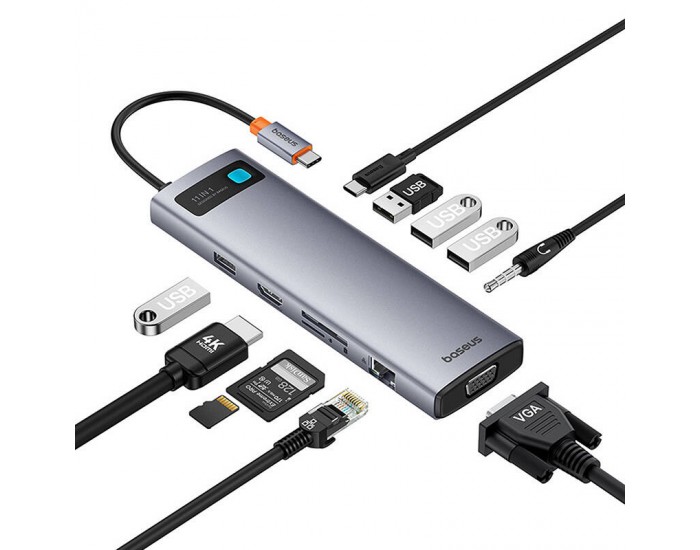 USB хъб Baseus 11 в 1 StarJoy Metal Glam Series Type-C към HDMI +VGA + 3 x USB 3.0 + USB 2.0+USB-C PD + RJ45 + SD/TF +3,5мм B00030709811-00 - тъмносив