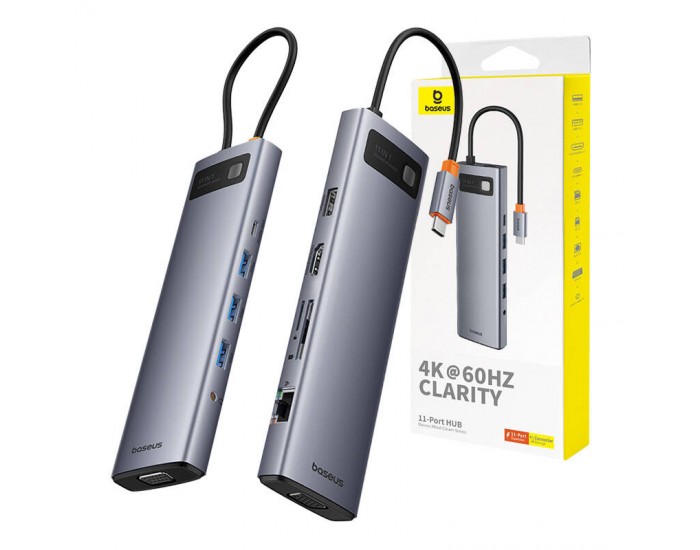 USB хъб Baseus 11 в 1 StarJoy Metal Glam Series Type-C към HDMI +VGA + 3 x USB 3.0 + USB 2.0+USB-C PD + RJ45 + SD/TF +3,5мм B00030709811-00 - тъмносив