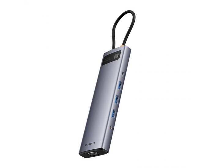 USB хъб Baseus 11 в 1 StarJoy Metal Glam Series Type-C към HDMI +VGA + 3 x USB 3.0 + USB 2.0+USB-C PD + RJ45 + SD/TF +3,5мм B00030709811-00 - тъмносив