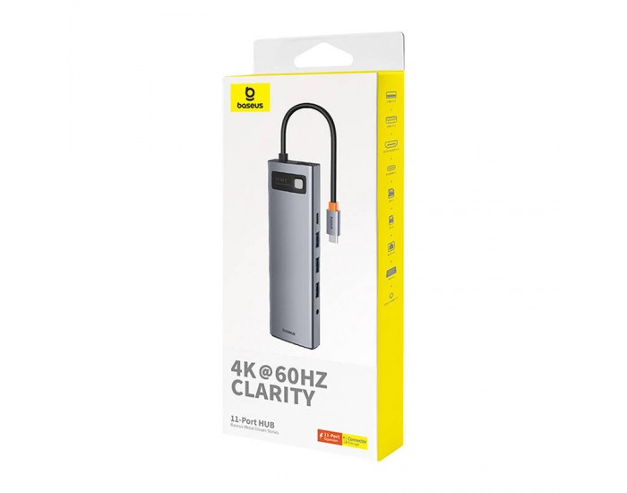 USB хъб Baseus 11 в 1 StarJoy Metal Glam Series Type-C към HDMI +VGA + 3 x USB 3.0 + USB 2.0+USB-C PD + RJ45 + SD/TF +3,5мм B00030709811-00 - тъмносив