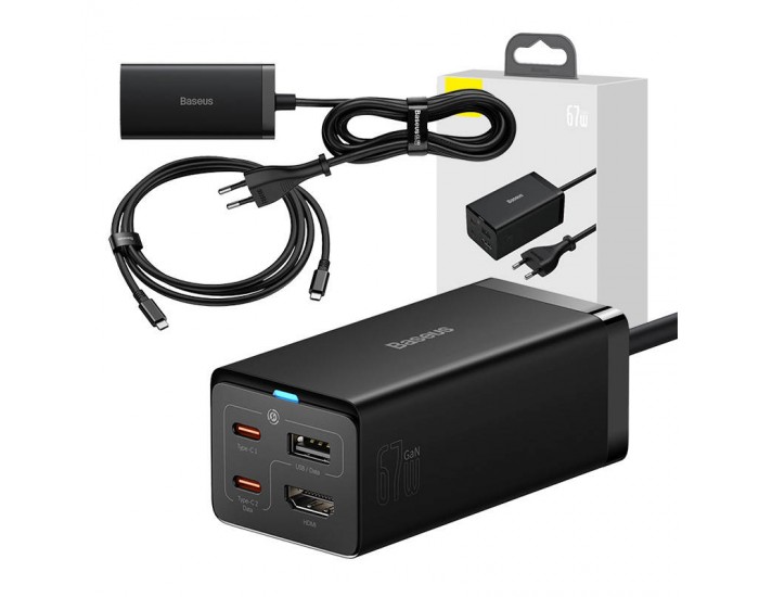 Зарядно устройство Baseus GaN5 Pro HUB HDMI 2 x USB-C / USB-A / HDMI 4K 30Hz 1.5м + USB-C кабел - USB-C 100W 40Gb/s USB4 1м CCGP110201 - черно