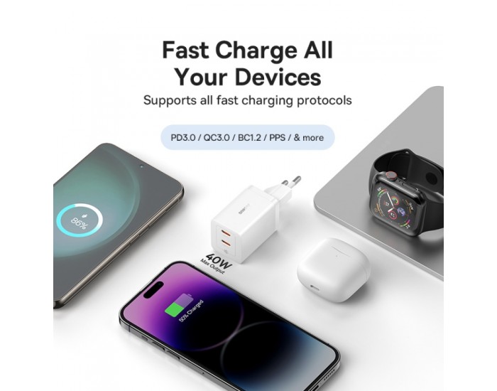 Зарядно устройство 220V Baseus 40W, 2xUSB-C, GaN 5 CCGP180102 - бяло