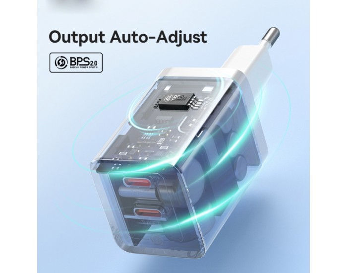 Зарядно устройство 220V Baseus 40W, 2xUSB-C, GaN 5 CCGP180102 - бяло