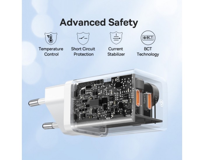 Зарядно устройство 220V Baseus 40W, 2xUSB-C, GaN 5 CCGP180102 - бяло