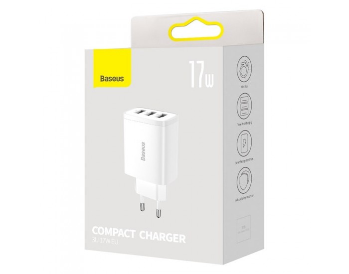 Зарядно устройство Baseus Compact CCXJ020102 USB троен порт, 17W, бяло