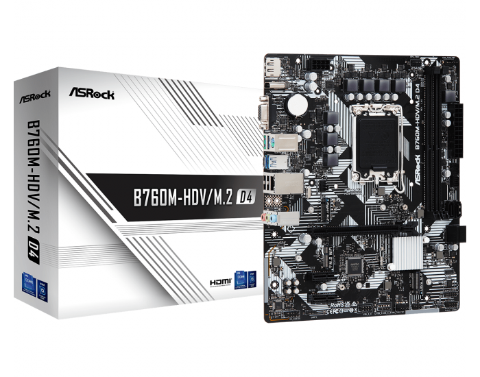 ASROCK MB Desktop B760M-HDV/M.2 D4 (S1700, 2x DDR4, 1x PCIe 4.0 x16, 2x PCIe 3.0 x1, 1x Hyper M.2 PCIe Gen4x4, 1x M.2 Ultra Gen3x4, 4x SATA3, 1x USB-C, 5x USB 3.2, 5x USB 2.0, 1xRJ-45 1Gbit, 1x VGA, 1x HDMI, 1x DP, mATX