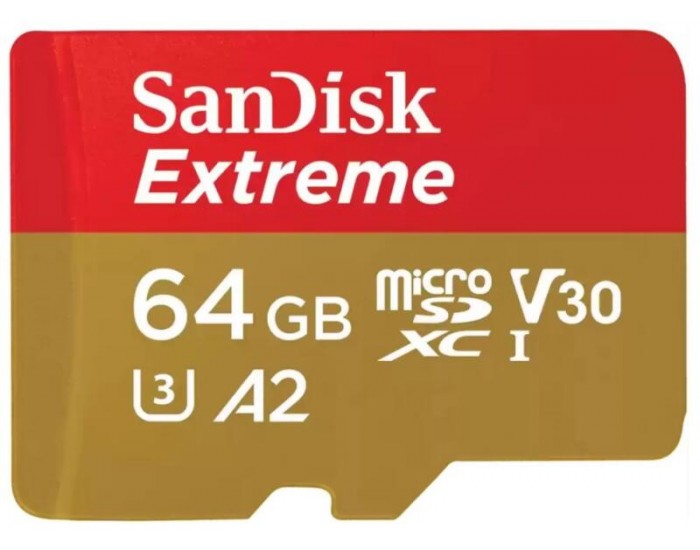 SanDisk Extreme microSDXC 64GB + SD Adapter + 1 year RescuePRO Deluxe up to 170MB/s & 80MB/s Read/Write speeds A2 C10 V30 UHS-I U3; EAN:619659193409