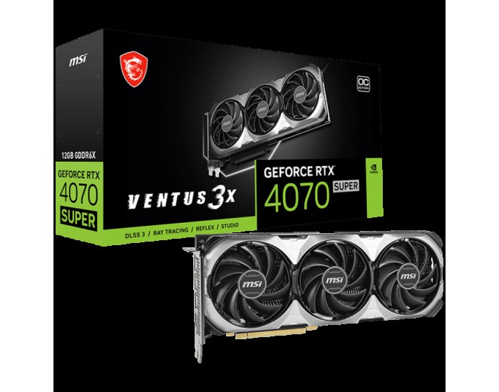 MSI Video Card Nvidia RTX 4070 SUPER 12G VENTUS 3X OC, 12GB GDDR6X, 192bit, 21Gbps Memory speed, Boost: 2505MHz, 7168 CUDA Cores, 3x DP 1.4a, HDMI 2.1a, RAY TRACING, Triple Fan, 1x 16pin, 650W Recommended PSU, 3Y MSI Video Card Nvidia RTX 4070 SUPER 12G VENTUS 3X OC, 12GB GDDR6X, 192bit, 21Gbps Memory speed, Boost: 2505MHz, 7168 CUDA Cores, 3x DP 1.4a, HDMI 2.1a, RAY TRACING, Triple Fan, 1x 16pin, 650W Recommended PSU, 3Y