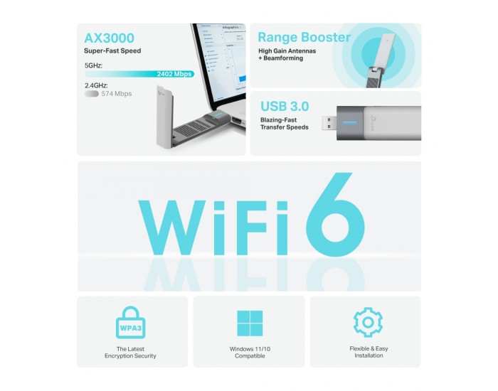 Безжичен USB 2-лентов адаптер TP-Link Archer TX50UH AX3000