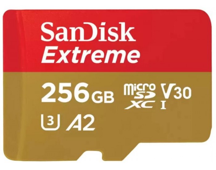SanDisk Extreme microSDXC 256GB + SD Adapter + 1 year RescuePRO Deluxe up to 190MB/s & 130MB/s Read/Write speeds A2 C10 V30 UHS-I U3; EAN:619659188504 SanDisk Extreme microSDXC 256GB + SD Adapter + 1 year RescuePRO Deluxe up to 190MB/s & 130MB/s Read/Write speeds A2 C10 V30 UHS-I U3; EAN:619659188504