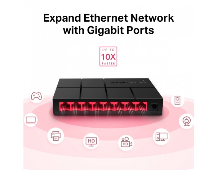 8-портов настолен комутатор Mercusys MS108G 10/100/1000 Mbps