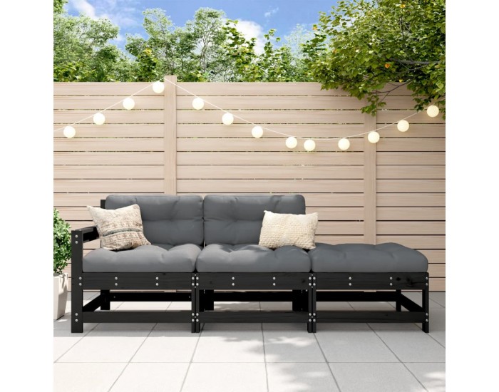 Sonata H Градински комплект с възглавници, 3 части, черен, дърво масив