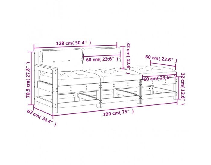 Sonata H Градински комплект с възглавници, 3 части, черен, дърво масив