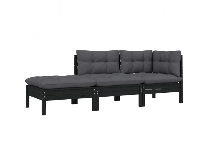 Sonata H Градински комплект от 3 части, с възглавници, черен, бор масив