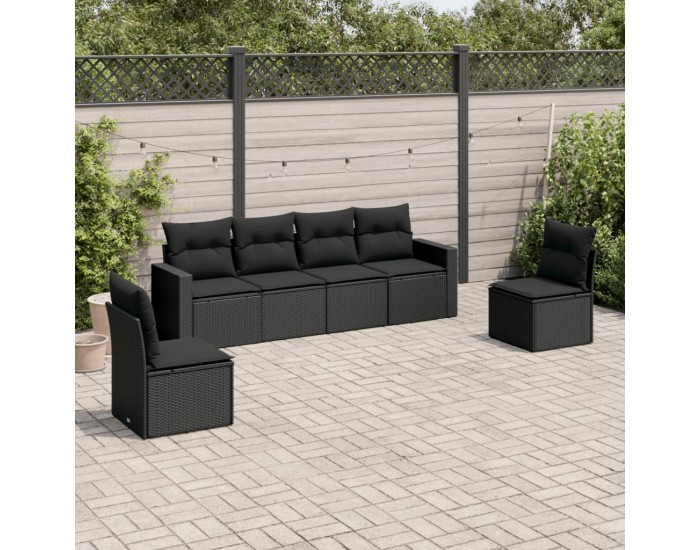 Sonata H Градински диван с възглавници, 6 части, черен, полиратан