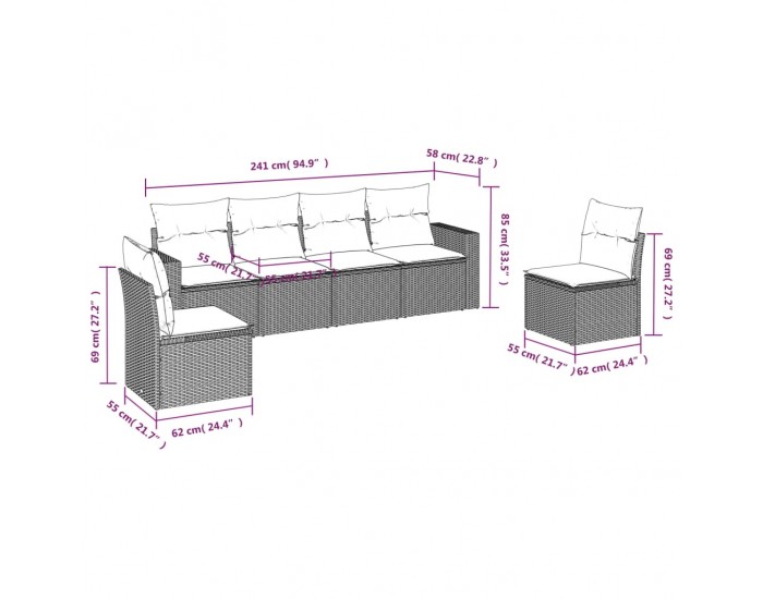 Sonata H Градински диван с възглавници, 6 части, черен, полиратан