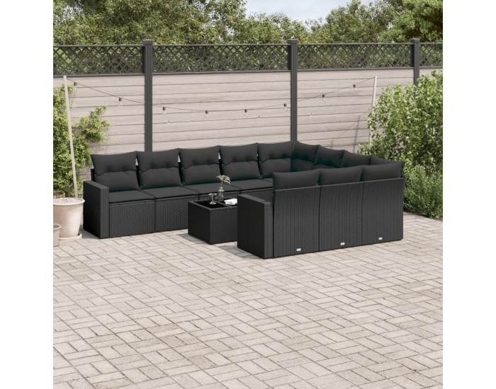 Sonata H Градински комплект диван с възглавници 11 части черен полиратан