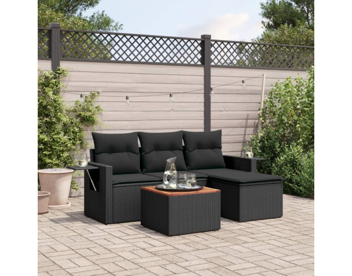 Sonata H Градински комплект с възглавници, 5 части, черен полиратан