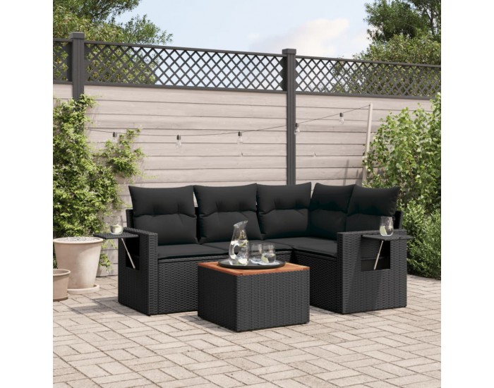 Sonata H Градински комплект с възглавници, 5 части, черен полиратан