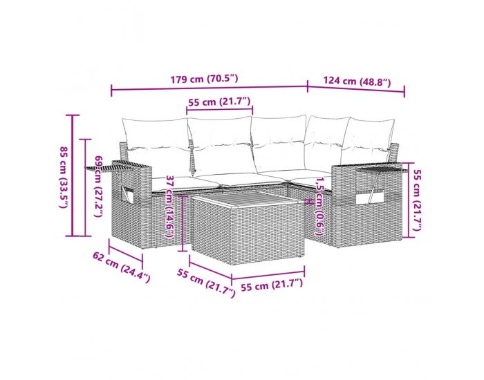 Sonata H Градински комплект с възглавници, 5 части, черен полиратан