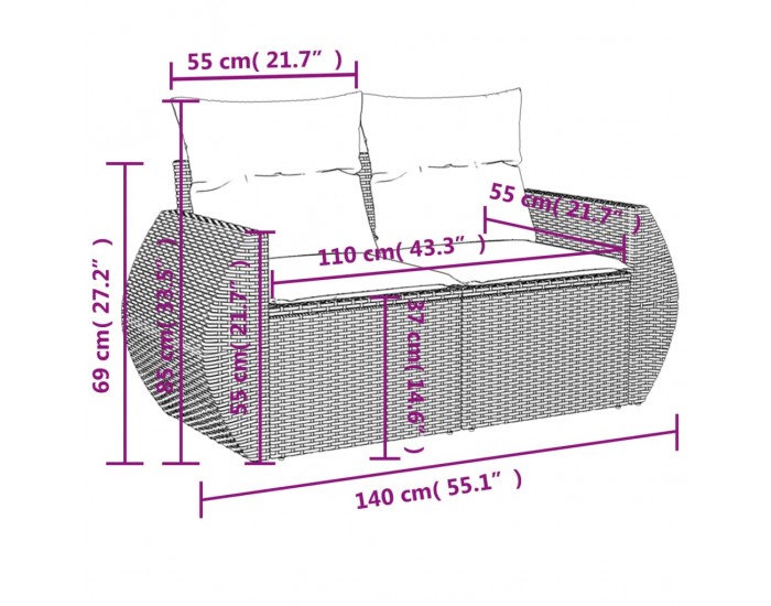 Sonata H Градински диван с възглавници, 6 части, черен, полиратан