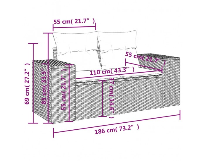 Sonata H Градински комплект с възглавници, 5 части, черен полиратан