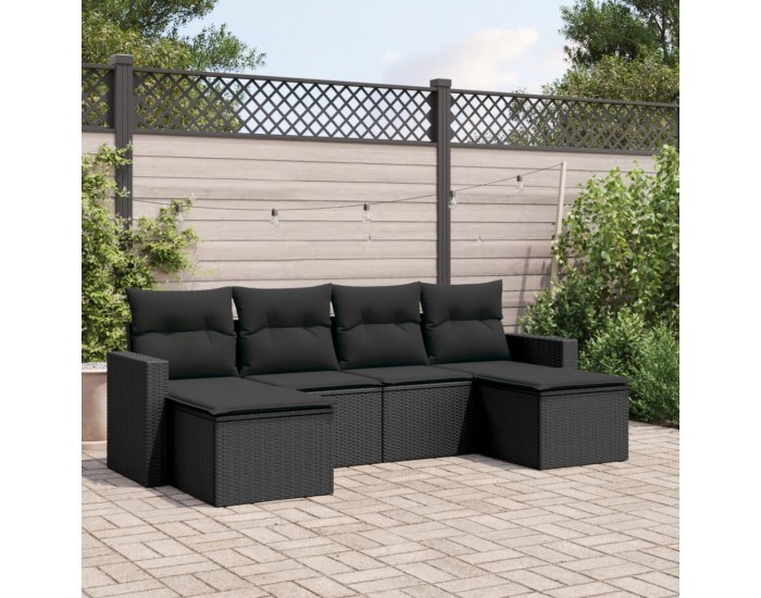 Sonata H Градински диван с възглавници, 6 части, черен, полиратан
