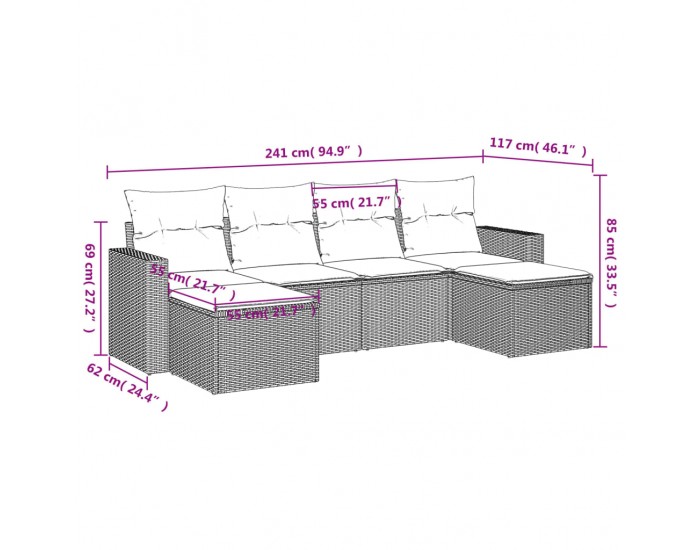 Sonata H Градински диван с възглавници, 6 части, черен, полиратан