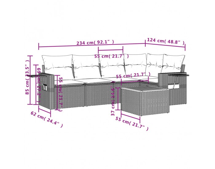 Sonata H Градински диван с възглавници, 6 части, полиратан, сив