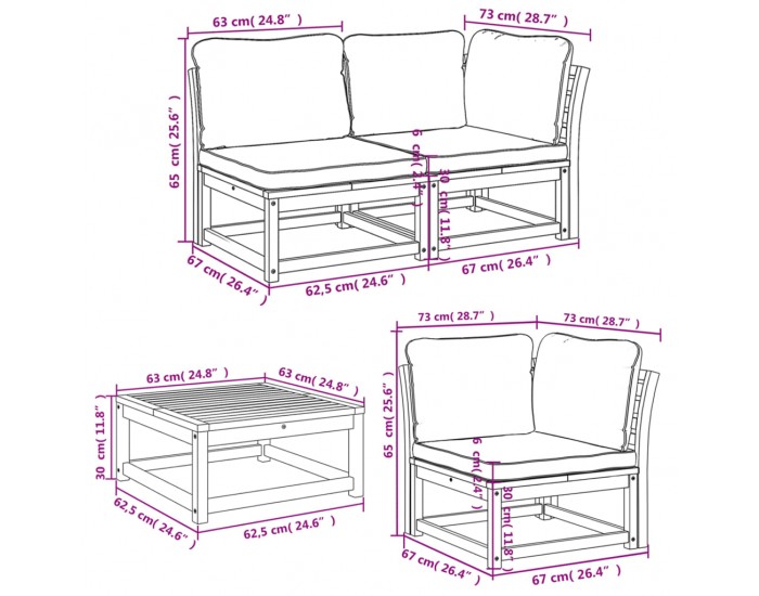 Sonata H Градински лаундж комплект с възглавници, 6 части, масив акация