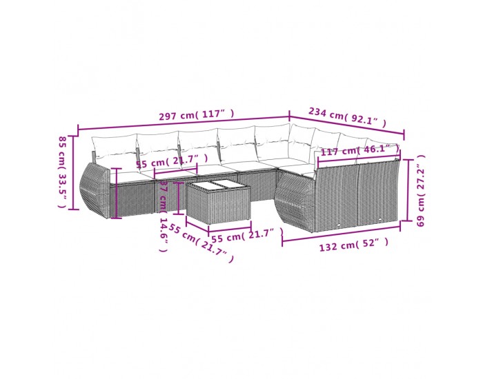 Sonata H Градински комплект с възглавници, 10 части, светлосив полиратан
