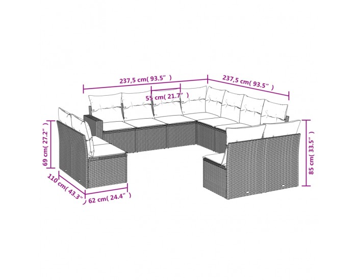Sonata H Градински комплект диван с възглавници 11 части черен полиратан