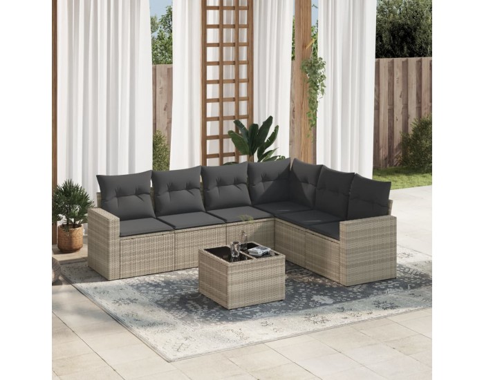 Sonata H Градински комплект с възглавници, 7 части, светлосив полиратан