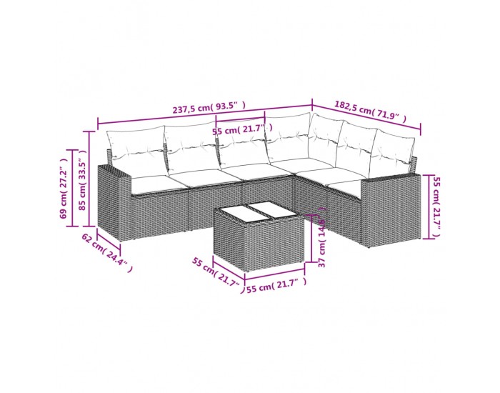 Sonata H Градински комплект с възглавници, 7 части, светлосив полиратан
