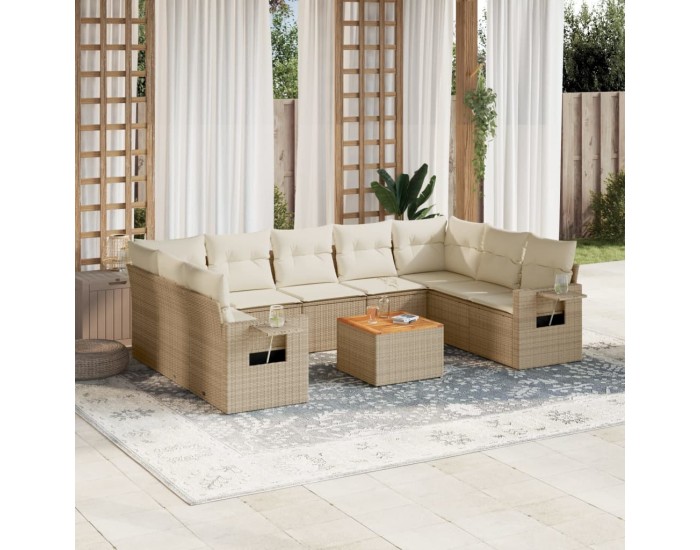 Sonata H Градински диван с възглавници, 10 части, бежов полиратан