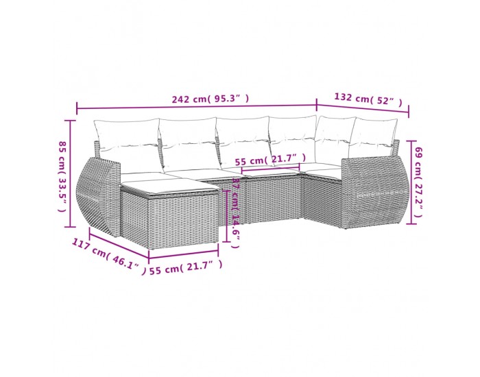 Sonata H Градински диван с възглавници, 6 части, черен, полиратан