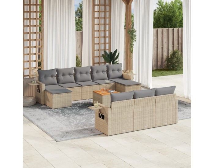 Sonata H Градински диван с възглавници, 11 части, бежов полиратан