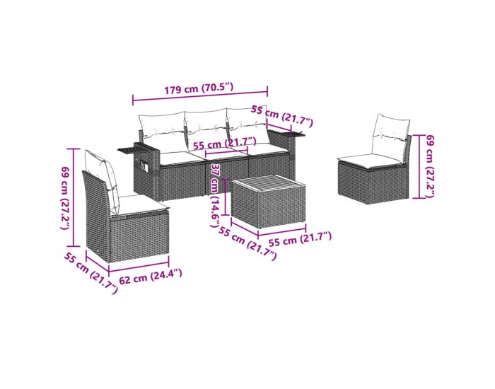 Sonata H Градински диван с възглавници, 6 части, полиратан, сив
