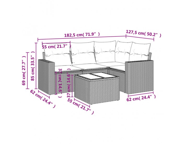 Sonata H Градински комплект с възглавници, 5 части, черен полиратан