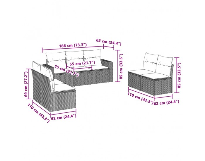 Sonata H Градински комплект с възглавници, 7 части, светлосив полиратан