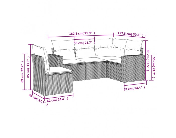 Sonata H Градински комплект с възглавници, 5 части, светлосив полиратан