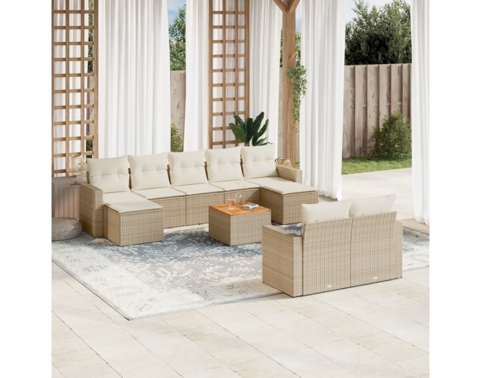 Sonata H Градински диван с възглавници, 10 части, бежов полиратан