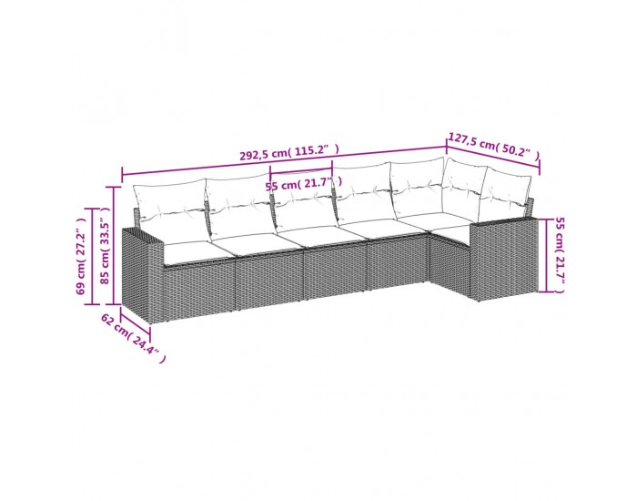 Sonata H Градински диван с възглавници, 6 части, черен, полиратан
