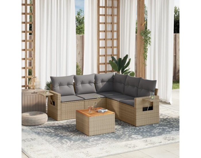 Sonata H Градински диван с възглавници, 6 части, бежов полиратан